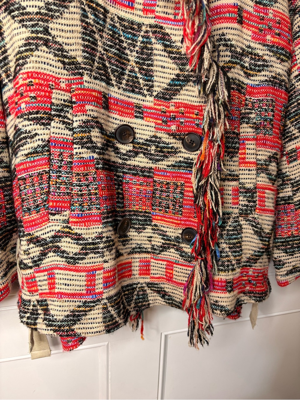 Zara Fringe Open-Front Patterned Jacket - Red & Cream - Picture 5 of 14
